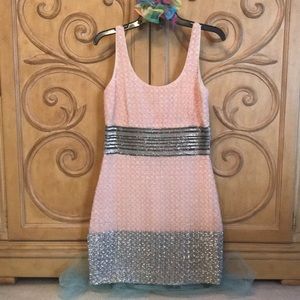 Belle Badgley Mischka Sequin & Beaded Cocktail Dress Pink with Silver